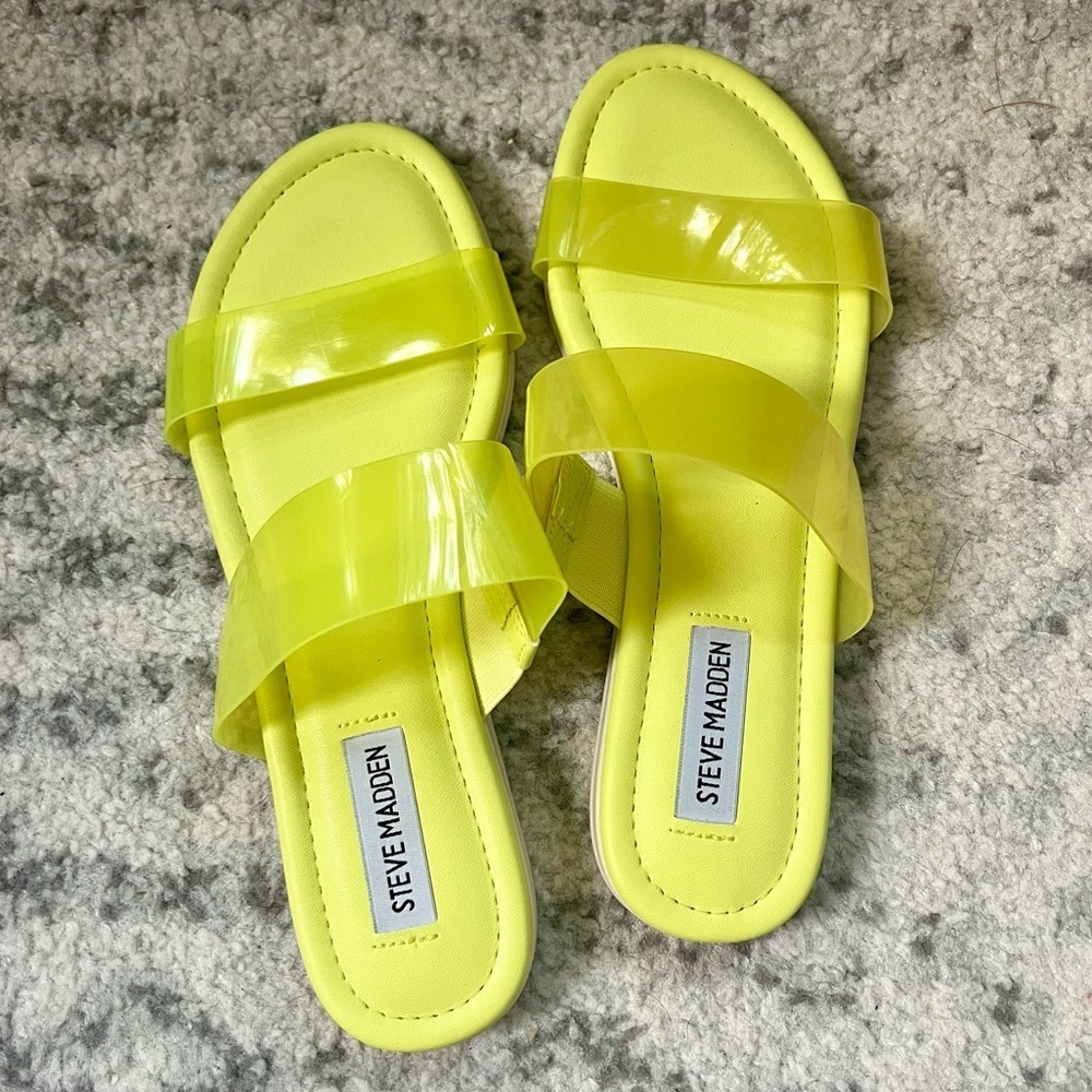 Steve Madden Greer Double Strap Sandals Green Yellow Slides - Picture 12 of 15